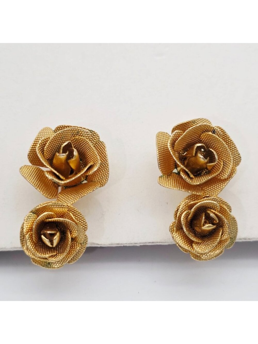 Gold-Tone Double Rose Clip-On Earrings Vintage Jewelry Mesh Texture 1"